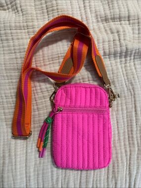 Bright Hot Pink Quilted Crossbody with Striped Orange Strap